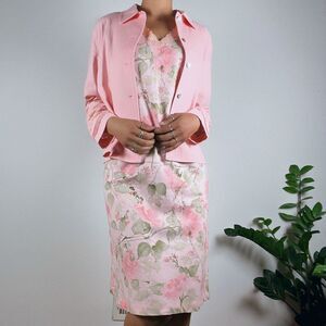 Pink Floral Dress with Solid Pink Jacket 95% Linen Spring Summer Classic